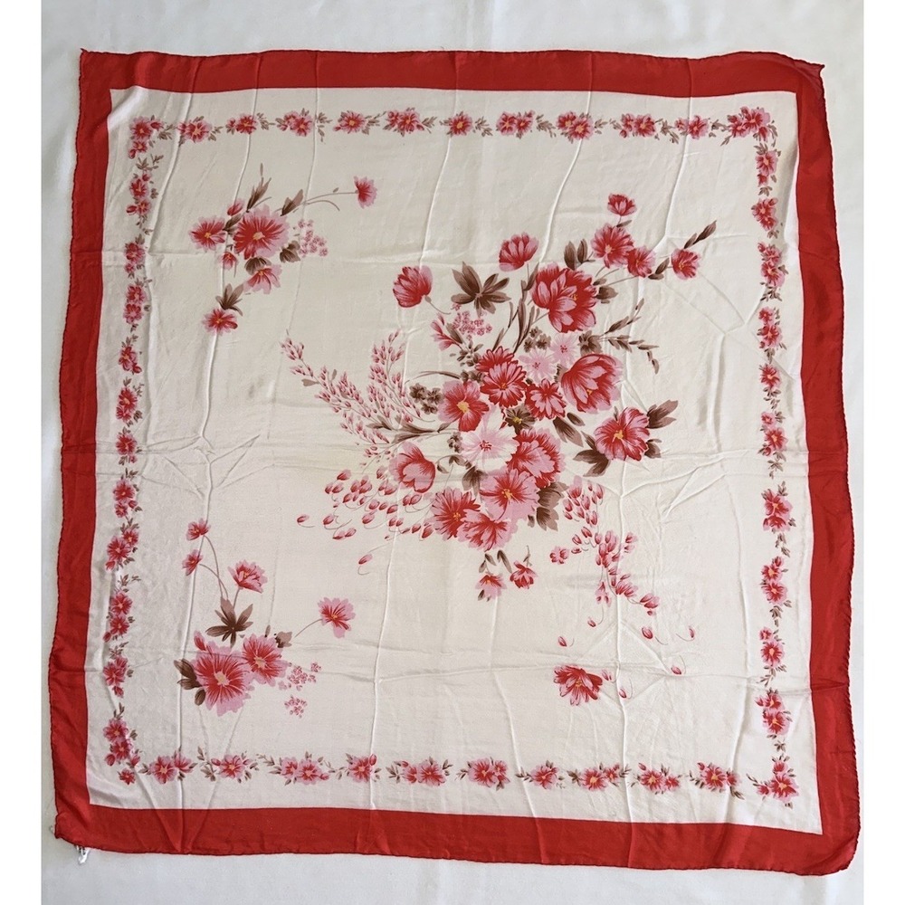 Vtg Silk Scarf Hand Rolled‎ Hem Hand Printed Floral China 27.5x30 Double Peach